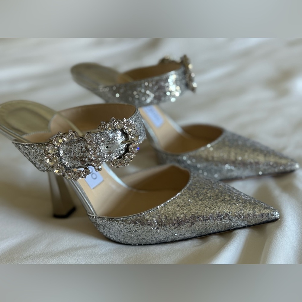 Jimmy Choo Silver Coarse Glitter Smokey Mules Sz 37